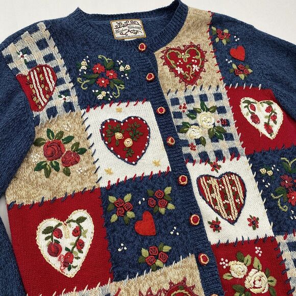 Heirloom Collectibles Vintage Patchwork Cardigan Sweater Large Blue Hearts - Picture 2 of 8
